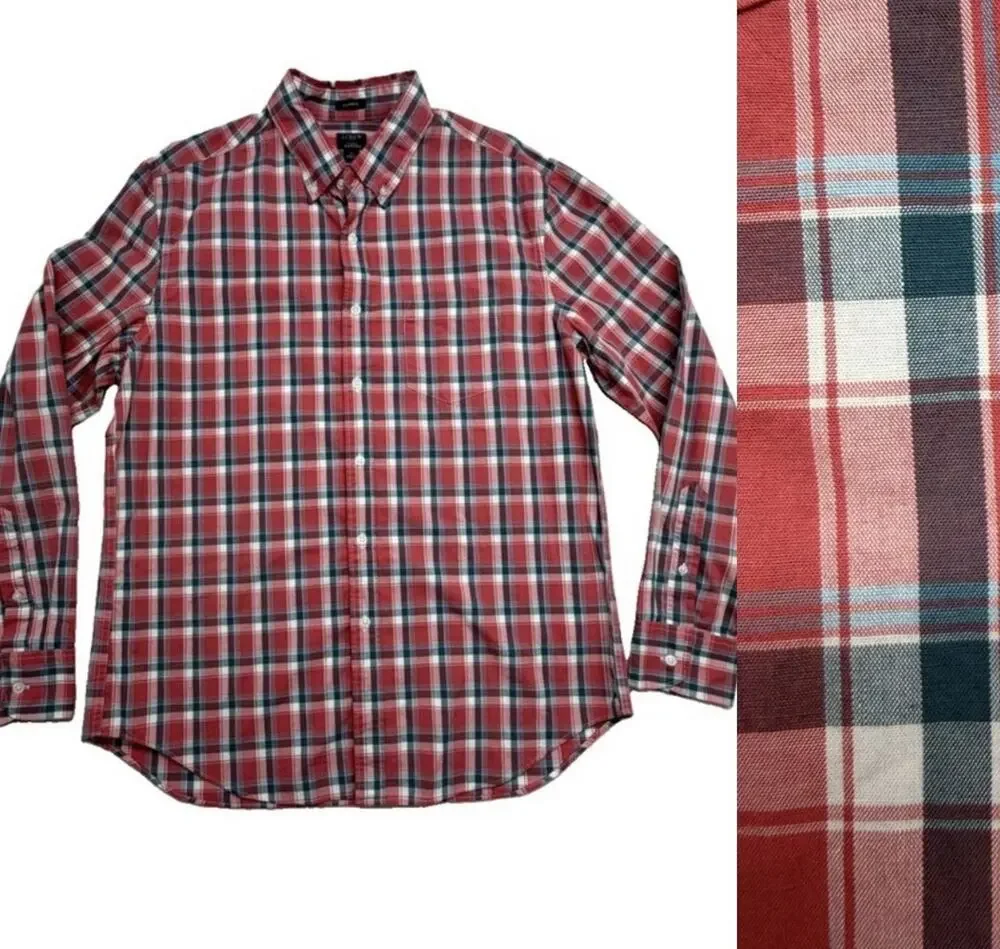 J. Crew Mens Size Large Classic Flex Washed Button Front Shirt Red Blue